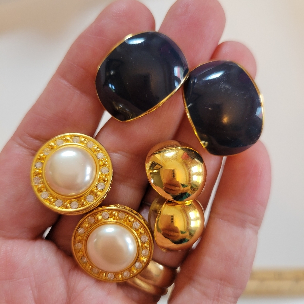 3 Pairs Classic Style Pierced Earrings ~ Gold-Tone ~ Faux Pearl ~ Napier ~ Liz C